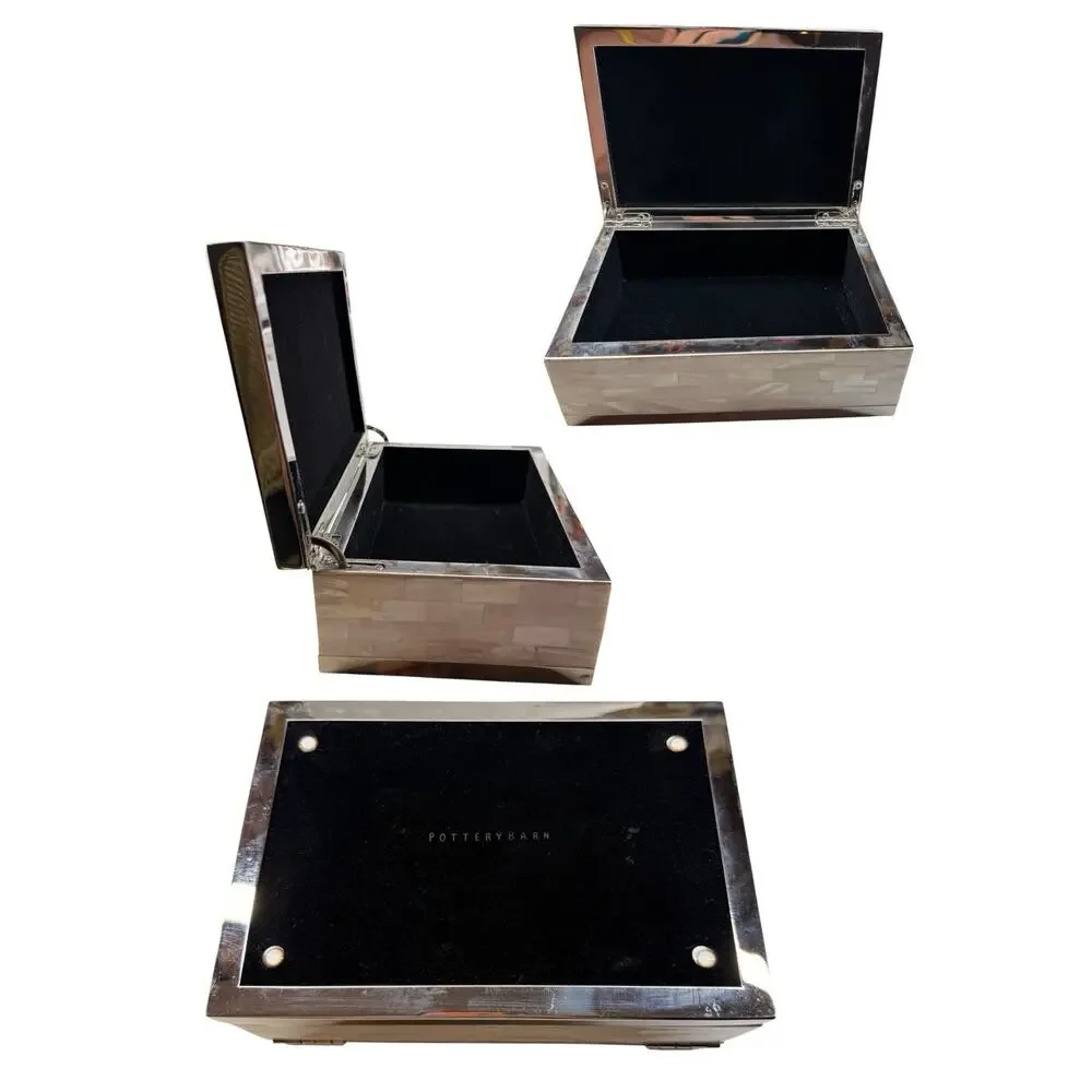 Pottery Barn Mother of Pearl Black Felt Jewelry Box Chrome Mirror Finish Frame